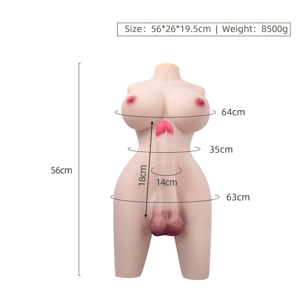 Detailed view of big silicone breasts, lifelike TPE