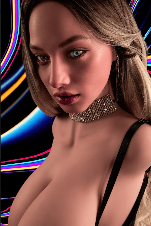 Angled view of Fukada realistic sex doll, highlighting large breasts